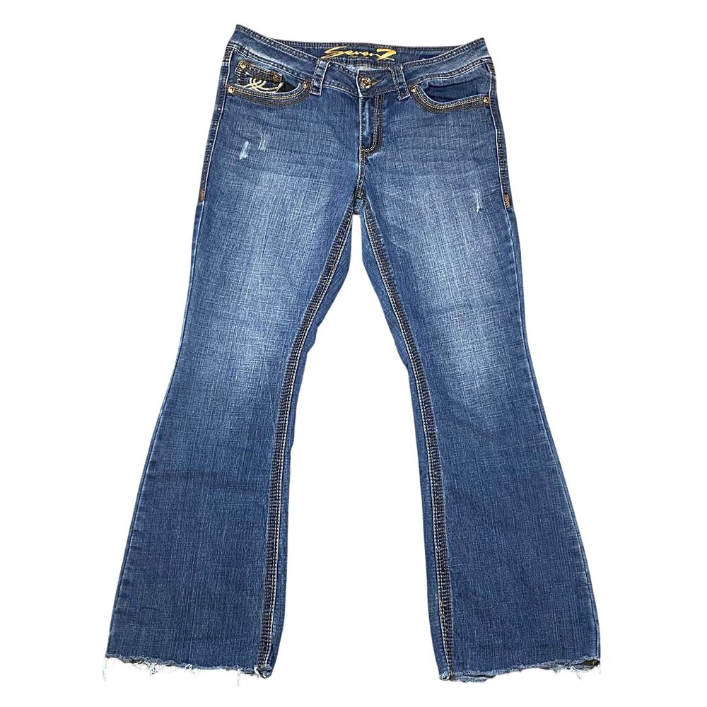 Seven7 Y2K Denim Jeans Womens Size 12 Gold Stitching Low Rise Bootcut Flare Leg